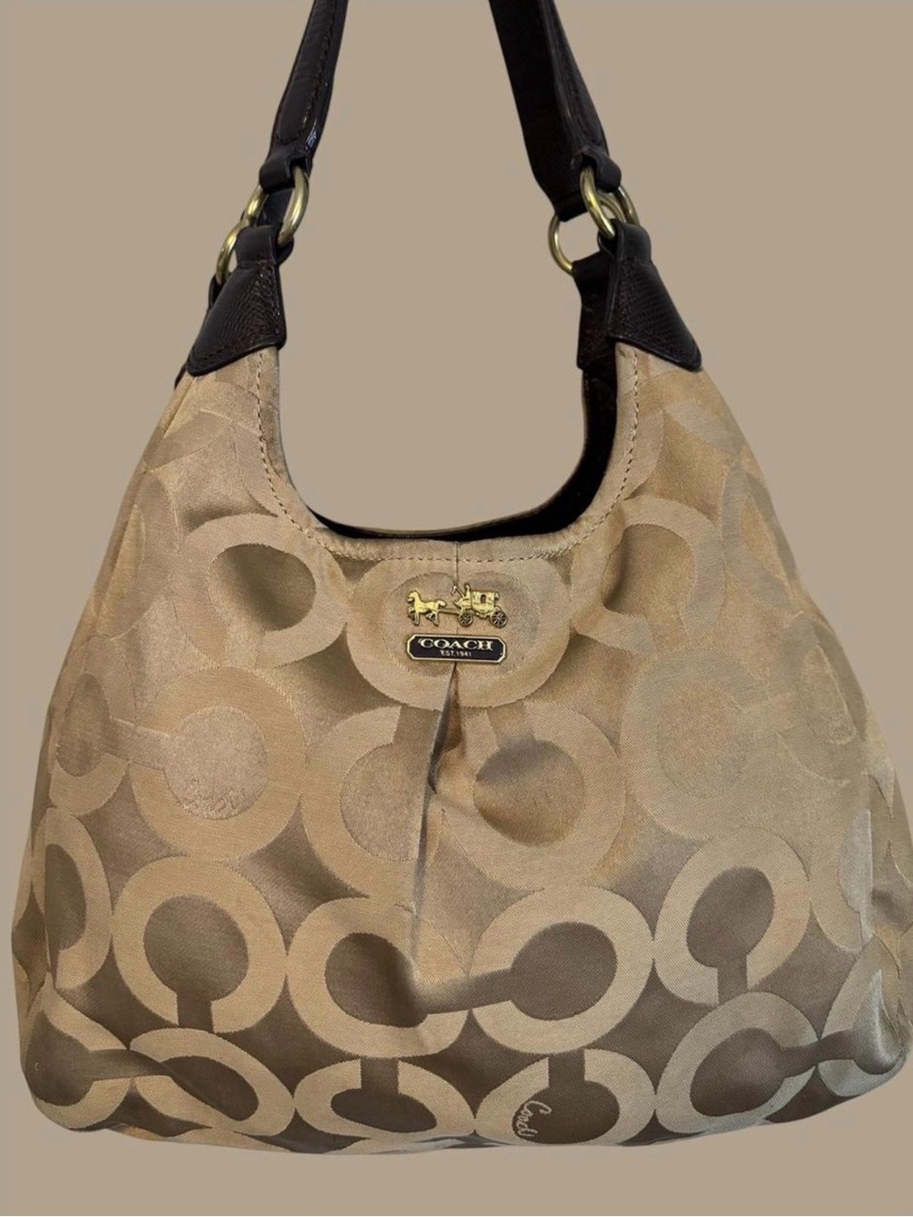 Coach Beige Signature Jacquard Shoulder Bag with Dark Brown Trim